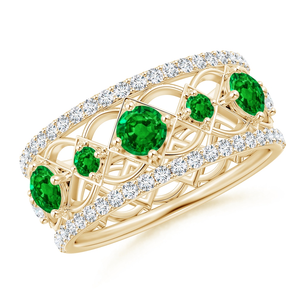 3.8mm Lab-Grown Art Deco Inspired Graduated Emerald and Diamond Ring in Yellow Gold