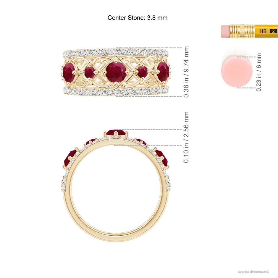 3.8mm A Art Deco Inspired Graduated Ruby and Diamond Ring in Yellow Gold ruler