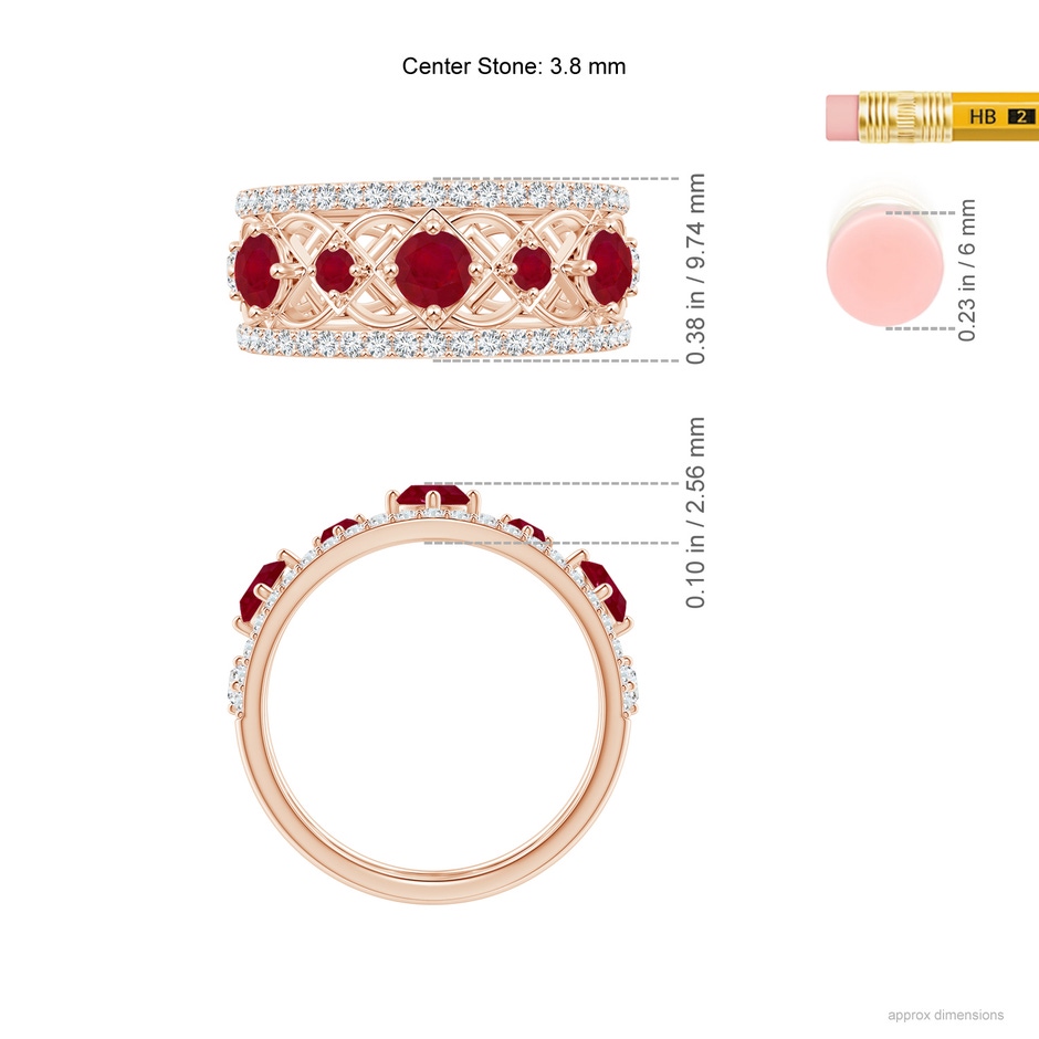 3.8mm AA Art Deco Inspired Graduated Ruby and Diamond Ring in Rose Gold ruler