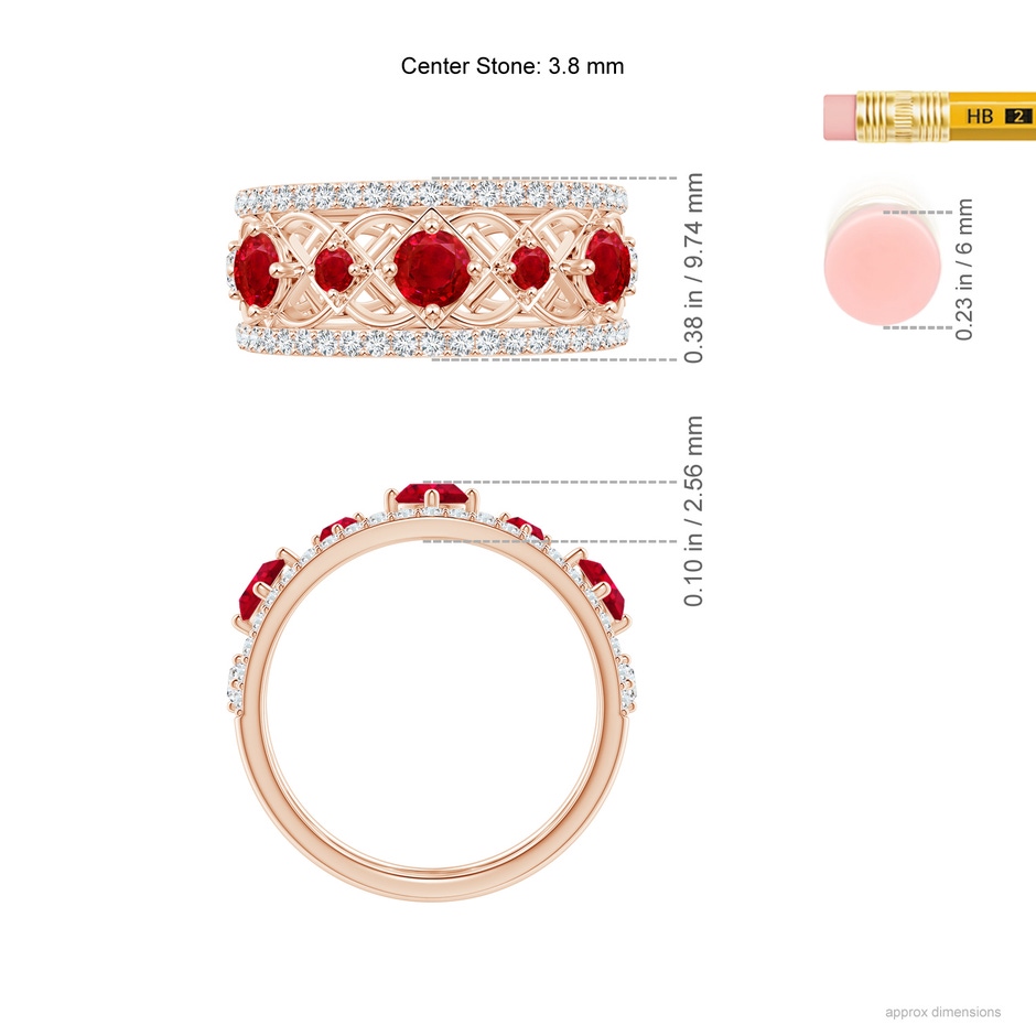 3.8mm AAA Art Deco Inspired Graduated Ruby and Diamond Ring in Rose Gold ruler