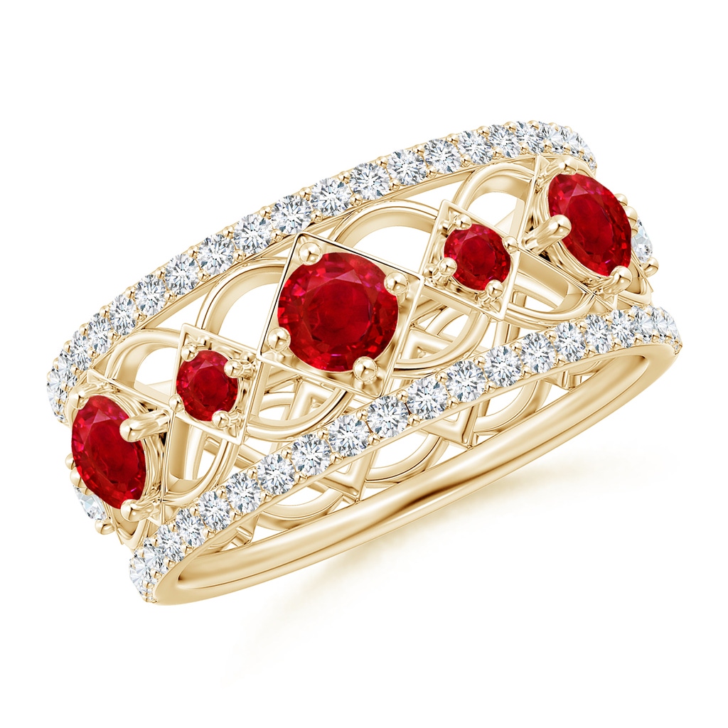 3.8mm AAA Art Deco Inspired Graduated Ruby and Diamond Ring in Yellow Gold