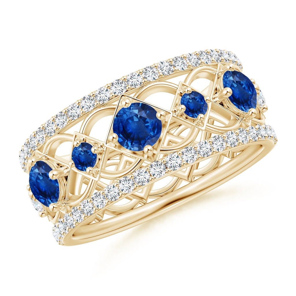 3.8mm AAA Art Deco Inspired Graduated Sapphire and Diamond Ring in Yellow Gold