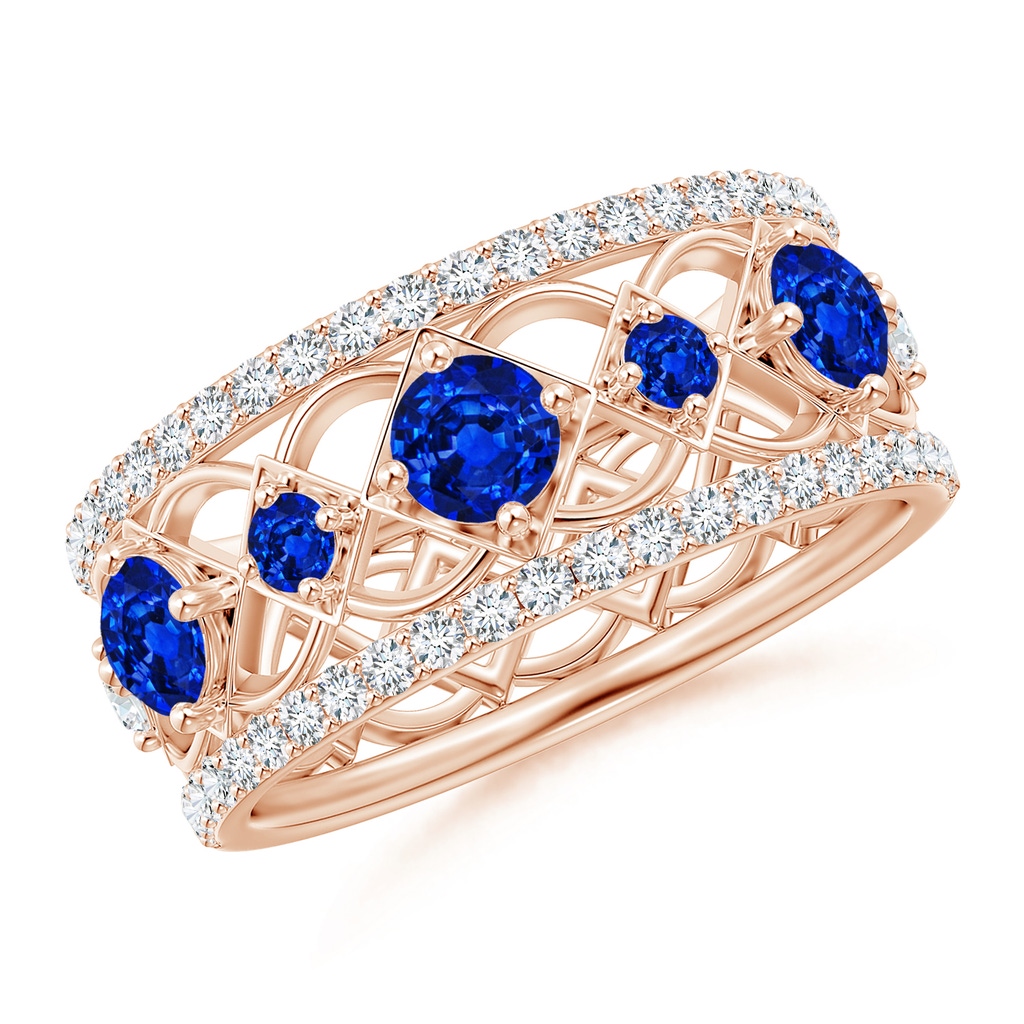 3.8mm AAAA Art Deco Inspired Graduated Sapphire and Diamond Ring in Rose Gold