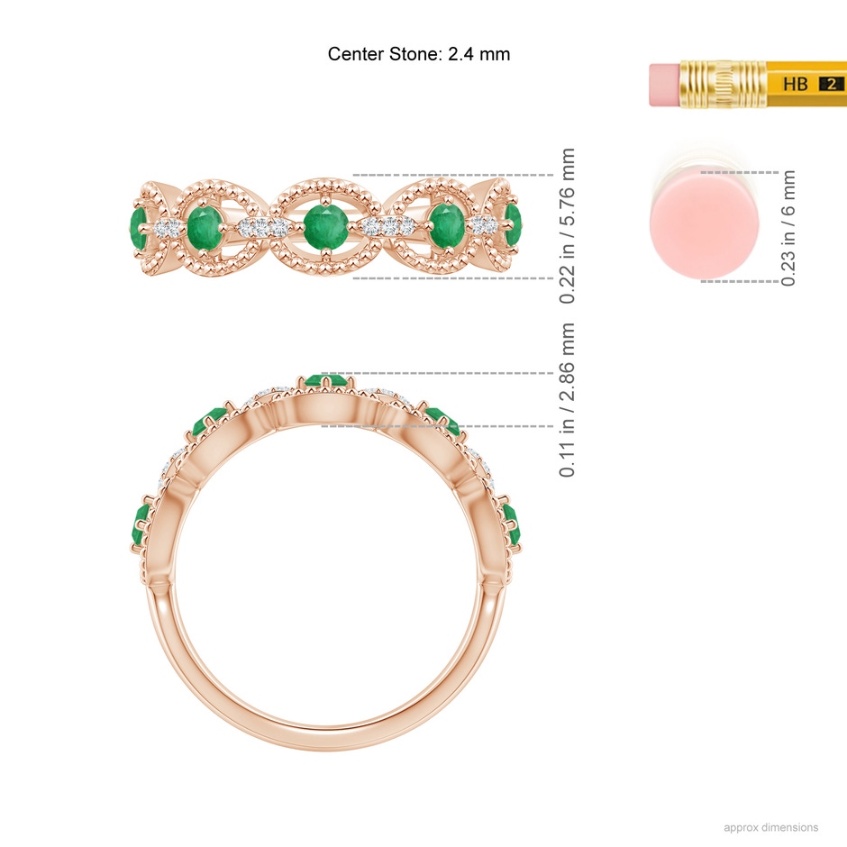 2.4mm A Art Deco Style Emerald Scalloped Anniversary Ring in Rose Gold ruler