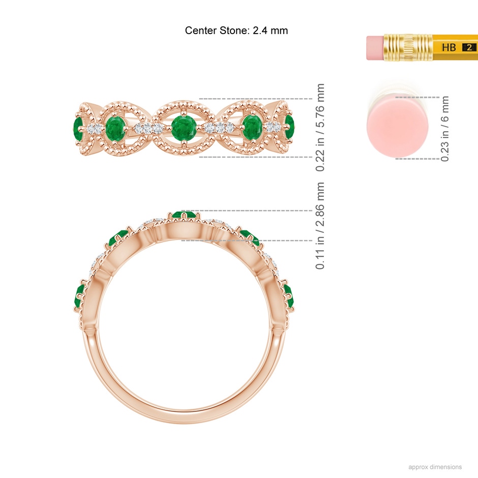 2.4mm AA Art Deco Style Emerald Scalloped Anniversary Ring in Rose Gold ruler