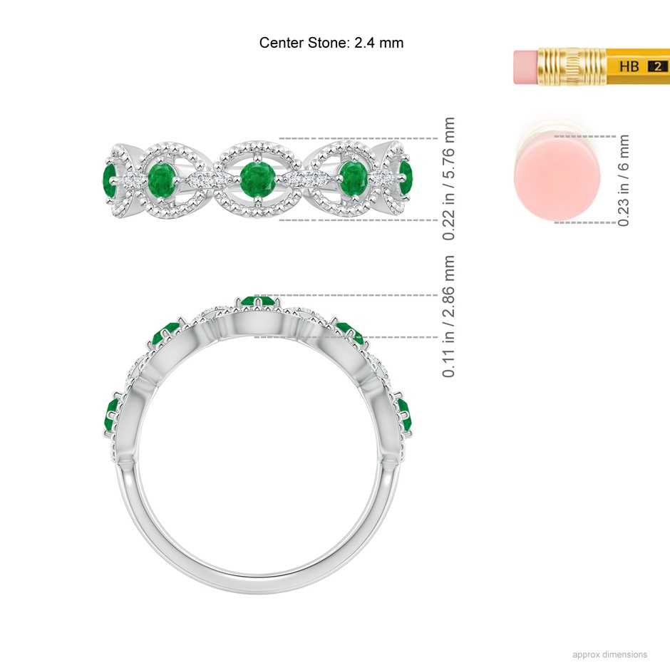 2.4mm AA Art Deco Style Emerald Scalloped Anniversary Ring in White Gold ruler