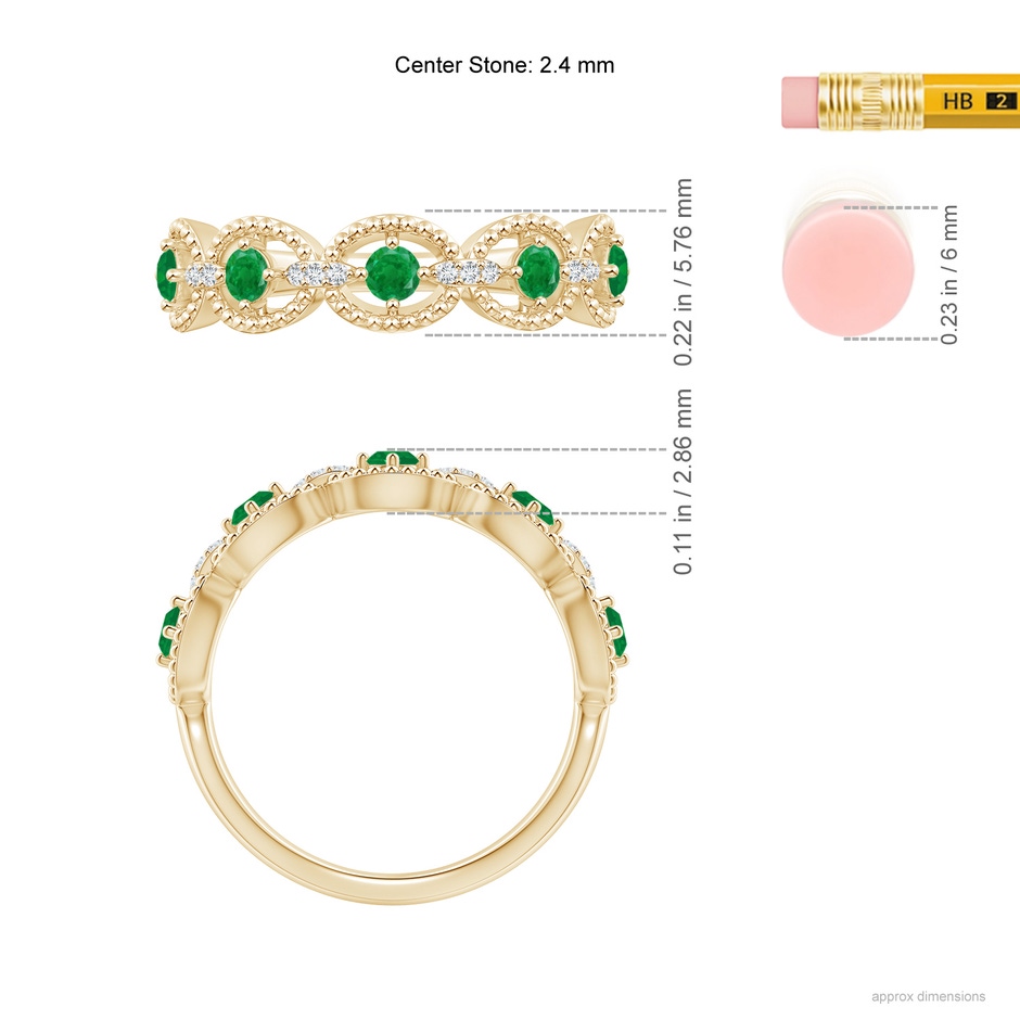 2.4mm AA Art Deco Style Emerald Scalloped Anniversary Ring in Yellow Gold ruler