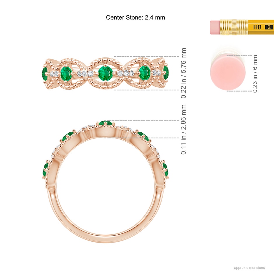 2.4mm AAA Art Deco Style Emerald Scalloped Anniversary Ring in Rose Gold ruler