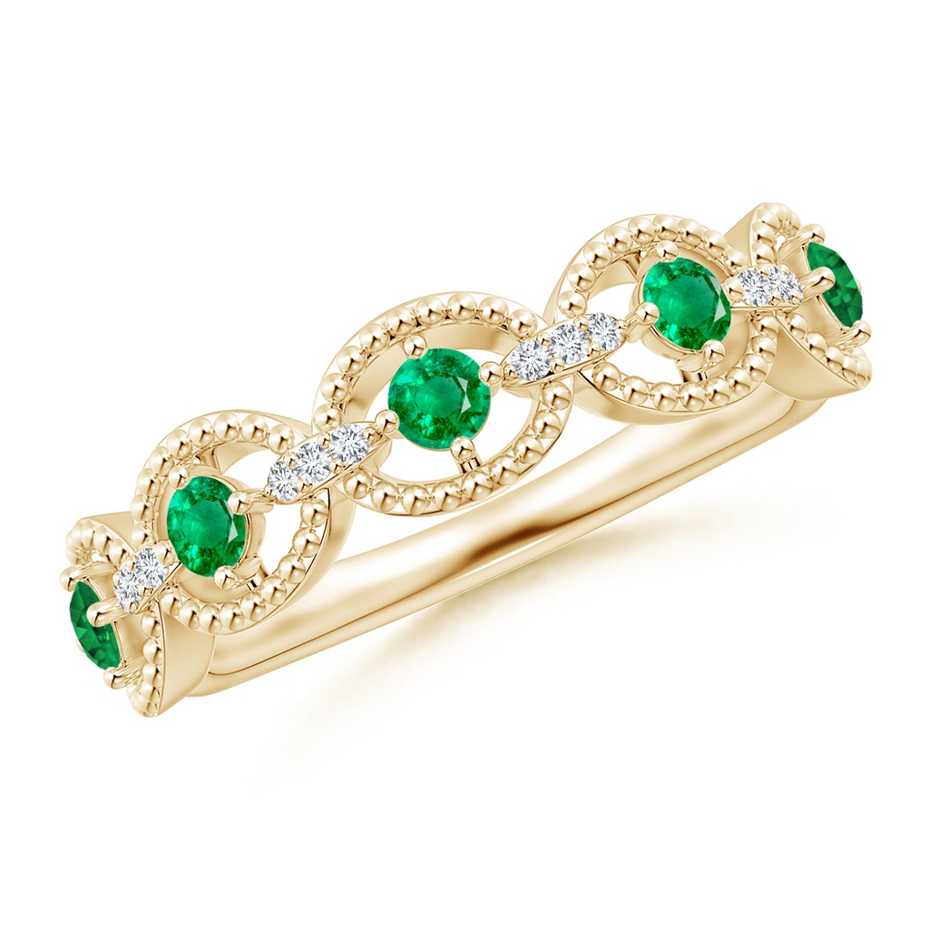 2.4mm AAA Art Deco Style Emerald Scalloped Anniversary Ring in Yellow Gold