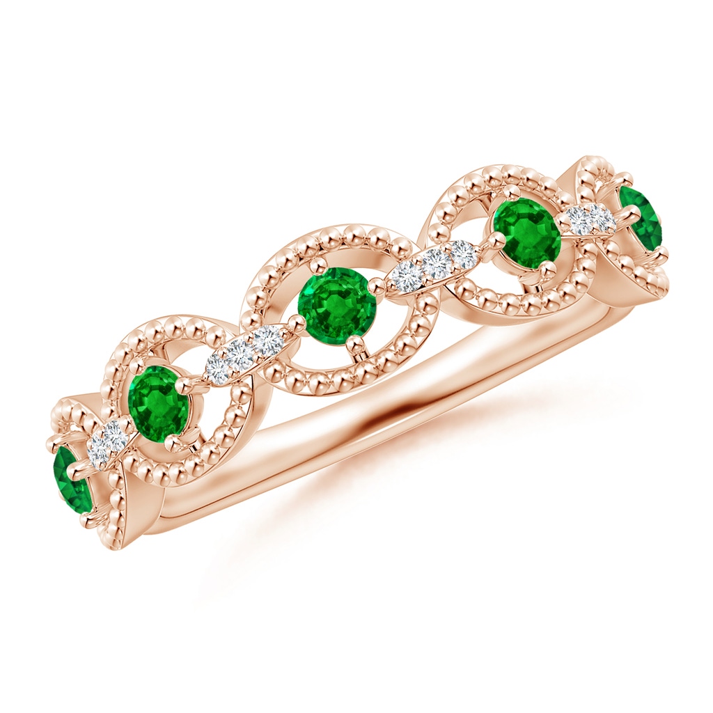 2.4mm AAAA Art Deco Style Emerald Scalloped Anniversary Ring in Rose Gold