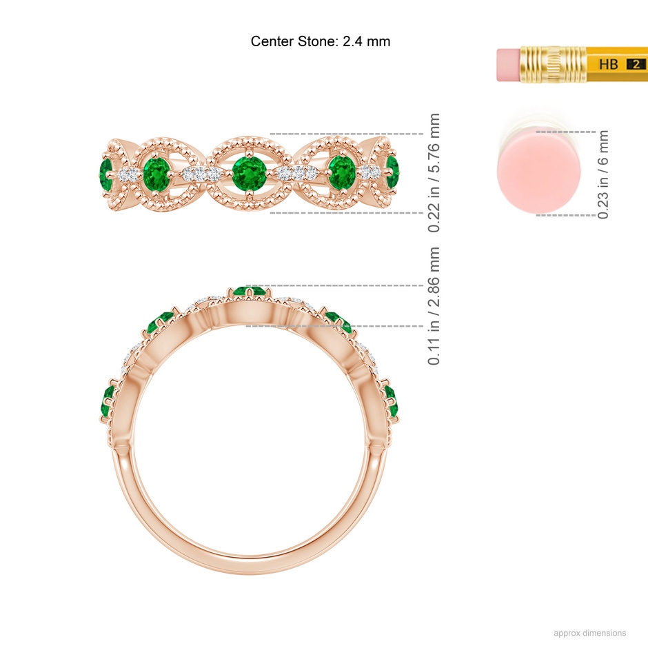 2.4mm AAAA Art Deco Style Emerald Scalloped Anniversary Ring in Rose Gold ruler