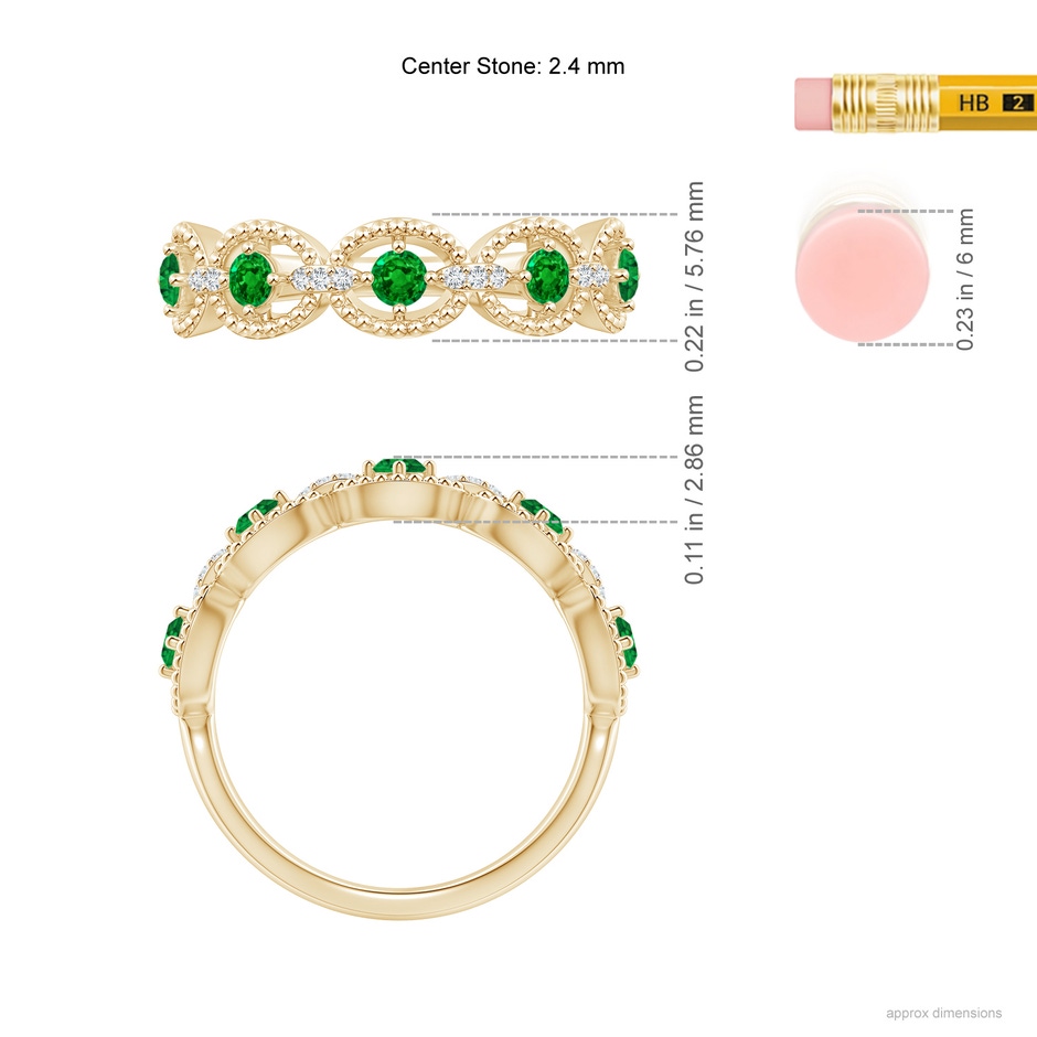 2.4mm AAAA Art Deco Style Emerald Scalloped Anniversary Ring in Yellow Gold ruler