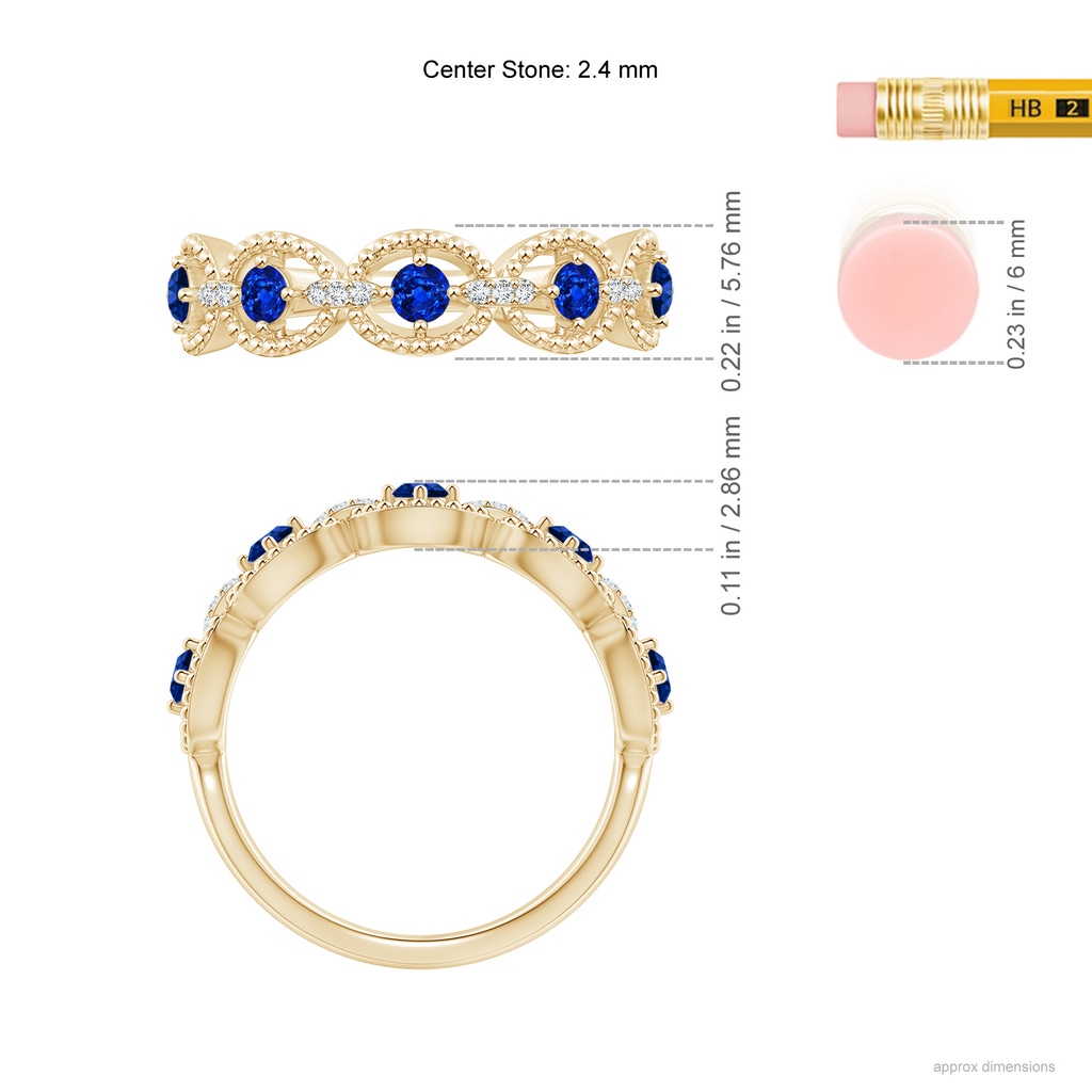2.4mm AAAA Art Deco Style Sapphire Scalloped Anniversary Ring in Yellow Gold Ruler