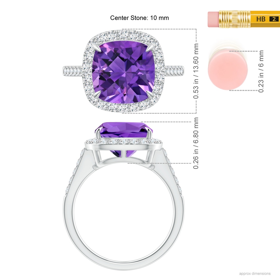 10mm AAAA Claw-Set Cushion Amethyst and Diamond Halo Ring in White Gold ruler