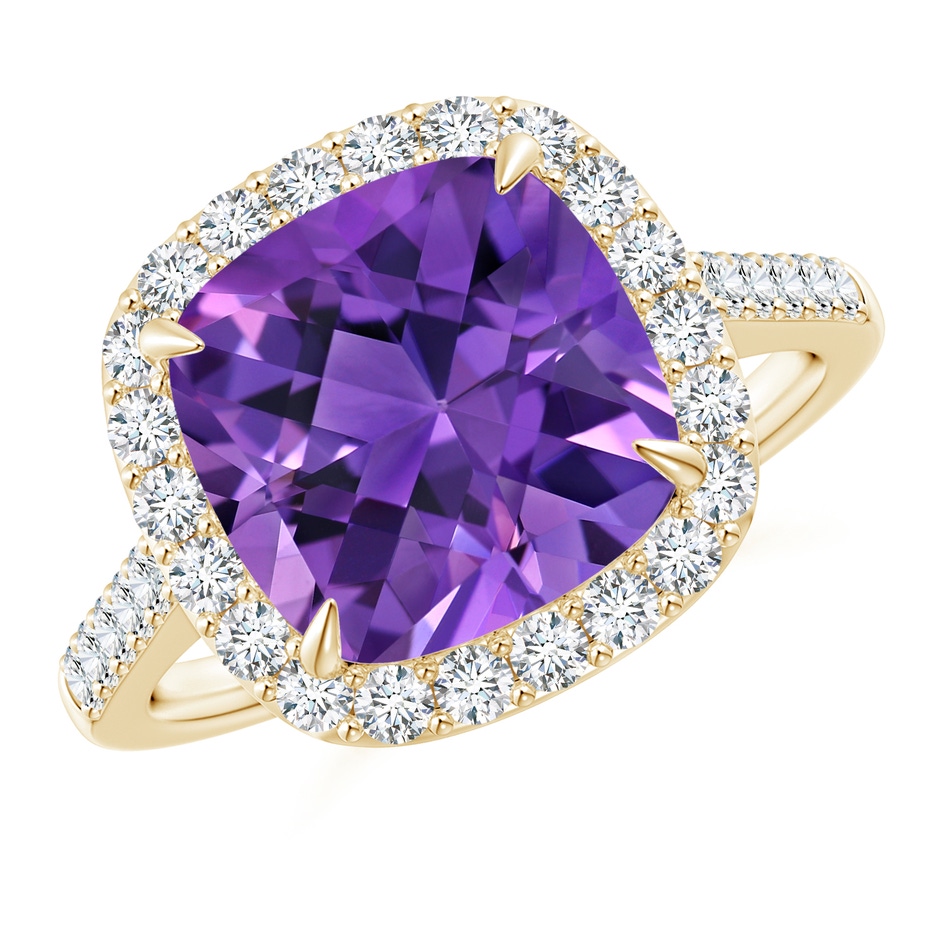 10mm AAAA Claw-Set Cushion Amethyst and Diamond Halo Ring in Yellow Gold 