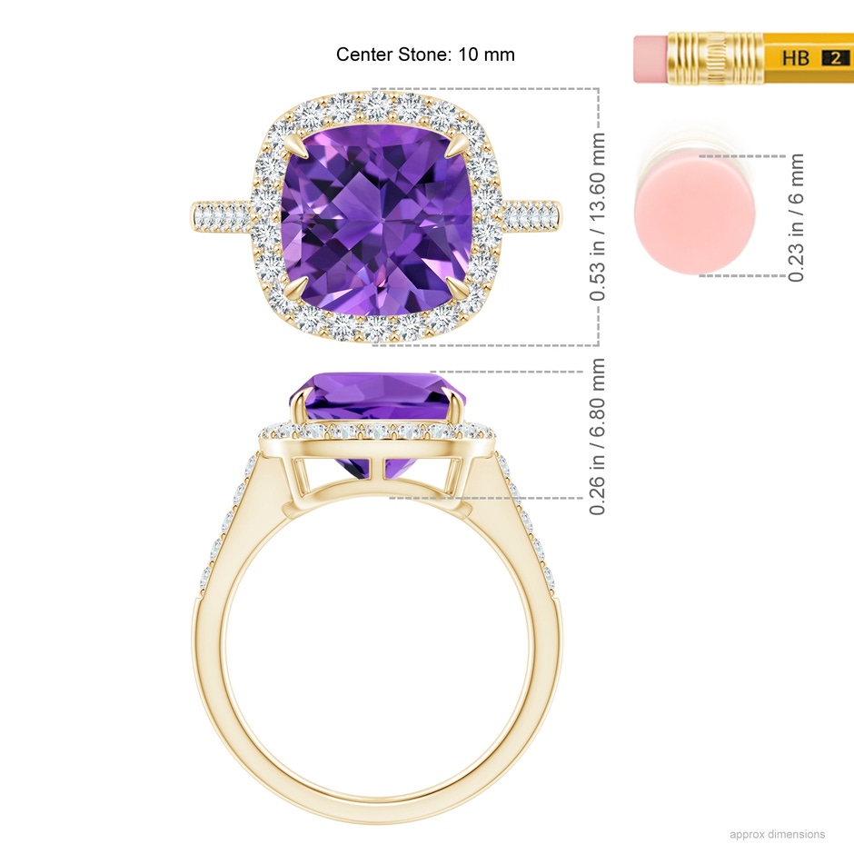10mm AAAA Claw-Set Cushion Amethyst and Diamond Halo Ring in Yellow Gold ruler