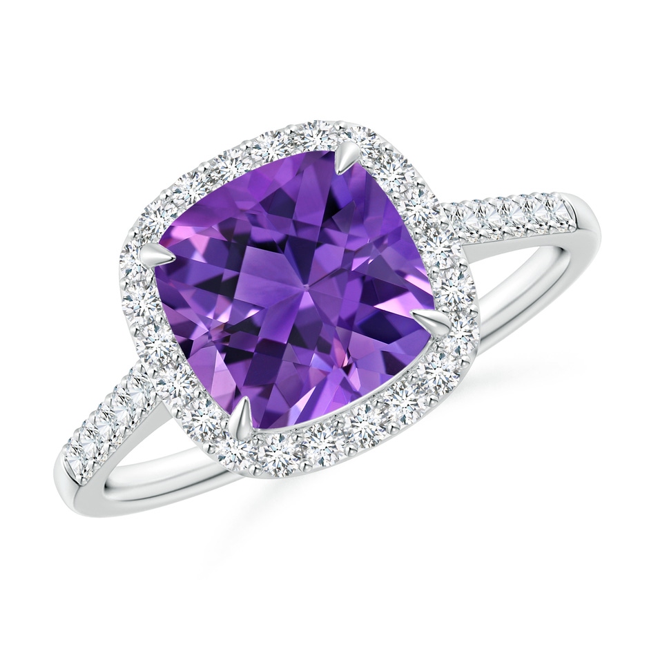 8mm AAAA Claw-Set Cushion Amethyst and Diamond Halo Ring in White Gold 