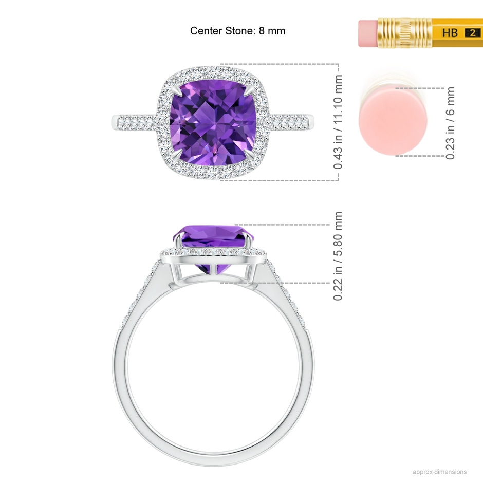 8mm AAAA Claw-Set Cushion Amethyst and Diamond Halo Ring in White Gold ruler