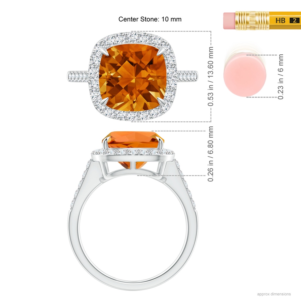 10mm AAAA Claw-Set Cushion Citrine and Diamond Halo Ring in P950 Platinum Ruler