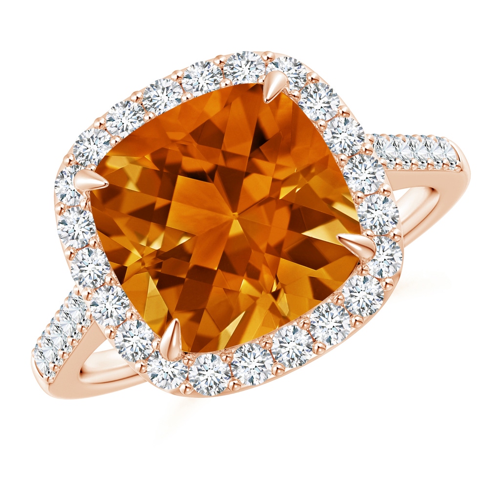 10mm AAAA Claw-Set Cushion Citrine and Diamond Halo Ring in Rose Gold