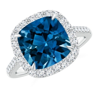 10mm AAAA Claw-Set Cushion London Blue Topaz and Diamond Halo Ring in P950 Platinum