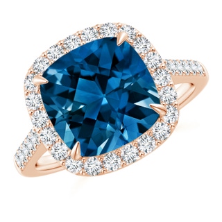 10mm AAAA Claw-Set Cushion London Blue Topaz and Diamond Halo Ring in Rose Gold