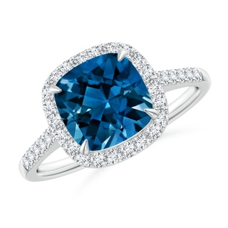 8mm AAAA Claw-Set Cushion London Blue Topaz and Diamond Halo Ring in P950 Platinum