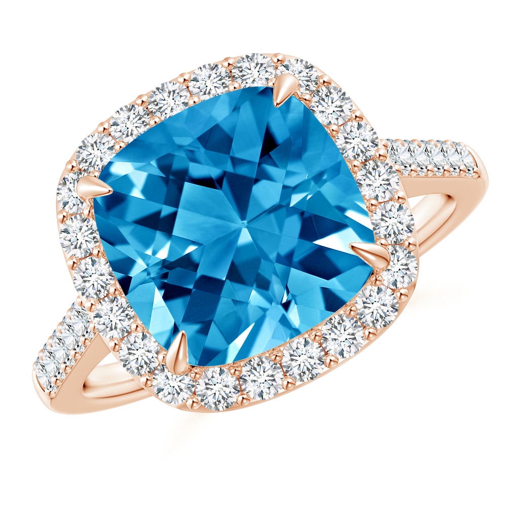 10mm AAAA Claw-Set Cushion Swiss Blue Topaz and Diamond Halo Ring in Rose Gold