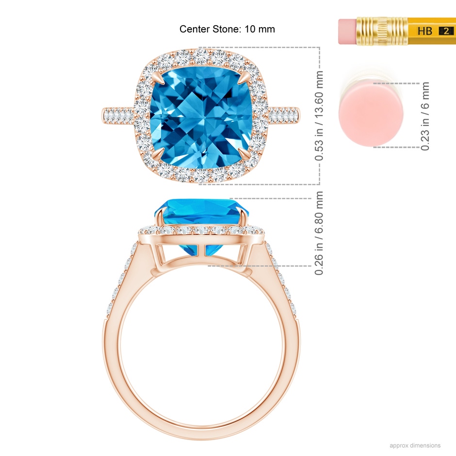 10mm AAAA Claw-Set Cushion Swiss Blue Topaz and Diamond Halo Ring in Rose Gold ruler