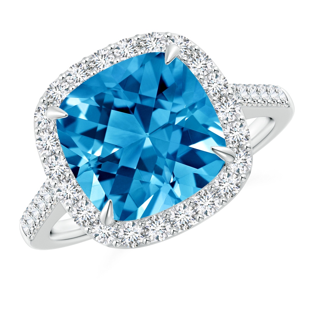 10mm AAAA Claw-Set Cushion Swiss Blue Topaz and Diamond Halo Ring in White Gold