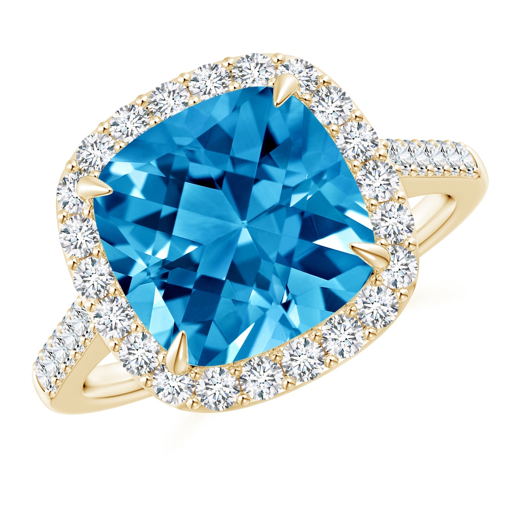 10mm AAAA Claw-Set Cushion Swiss Blue Topaz and Diamond Halo Ring in Yellow Gold