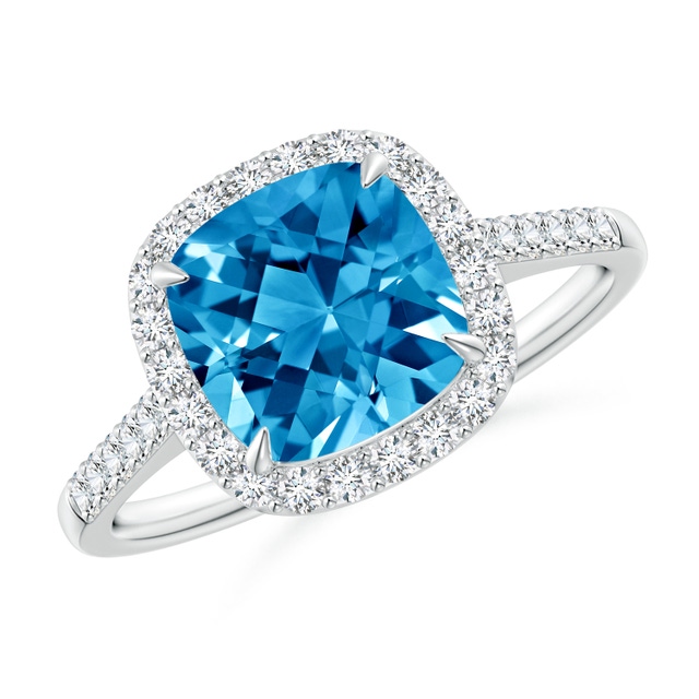 14k Gold 8mm Cushion Cut Swiss Blue Topaz & Diamond Halo Ring