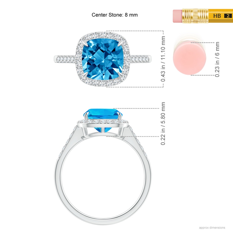 8mm AAAA Claw-Set Cushion Swiss Blue Topaz and Diamond Halo Ring in White Gold ruler