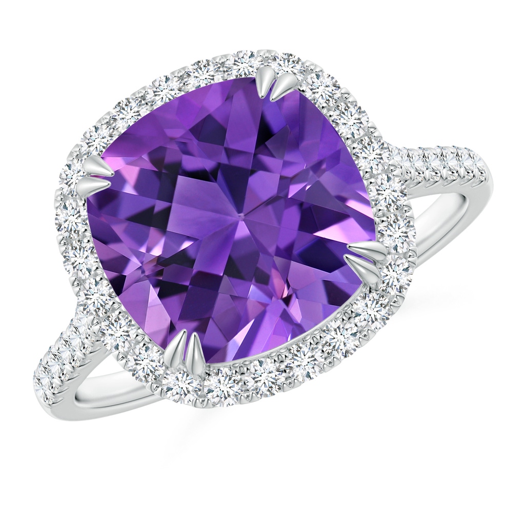 10mm AAAA Double Claw-Set Cushion Amethyst Ring with Diamond Halo in White Gold