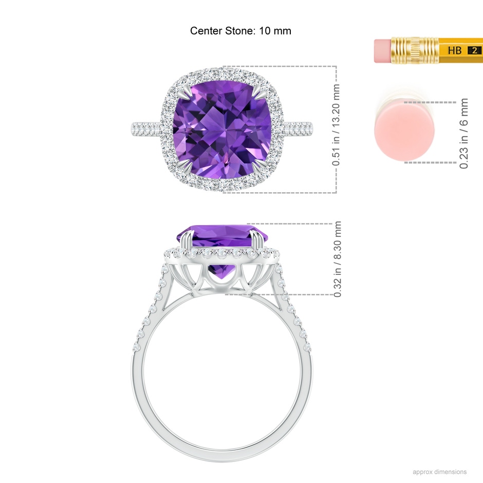 10mm AAAA Double Claw-Set Cushion Amethyst Ring with Diamond Halo in White Gold ruler