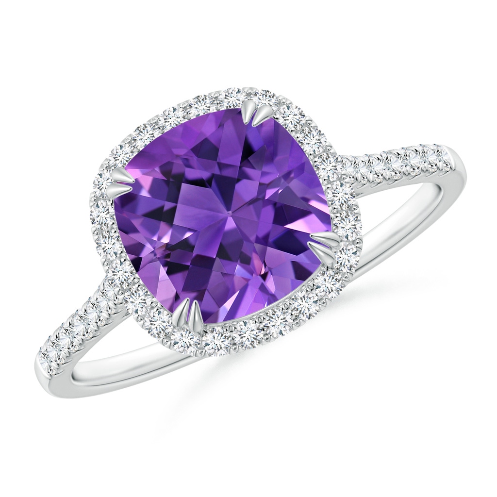 8mm AAAA Double Claw-Set Cushion Amethyst Ring with Diamond Halo in White Gold