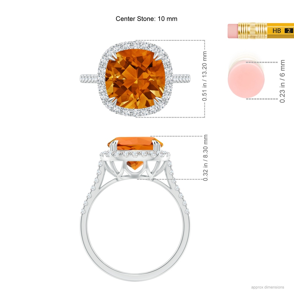 10mm AAAA Double Claw-Set Cushion Citrine Ring with Diamond Halo in P950 Platinum Ruler