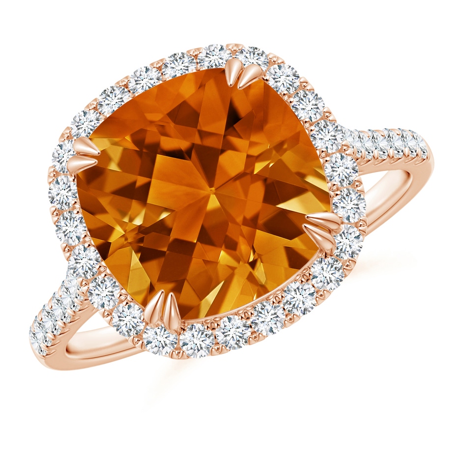 10mm AAAA Double Claw-Set Cushion Citrine Ring with Diamond Halo in Rose Gold 