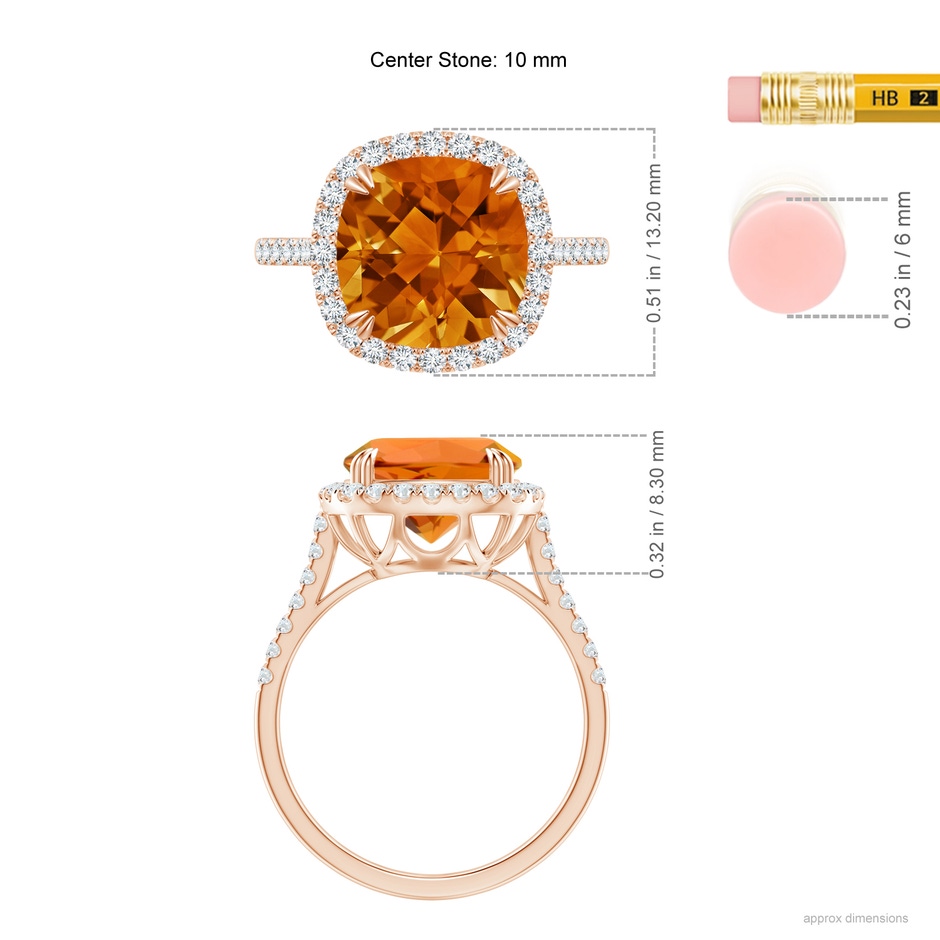 10mm AAAA Double Claw-Set Cushion Citrine Ring with Diamond Halo in Rose Gold ruler
