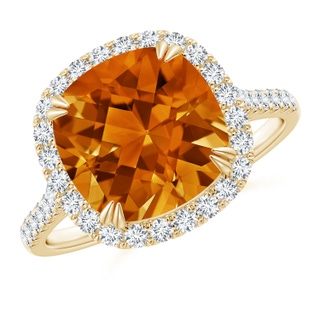 10mm AAAA Double Claw-Set Cushion Citrine Ring with Diamond Halo in Yellow Gold