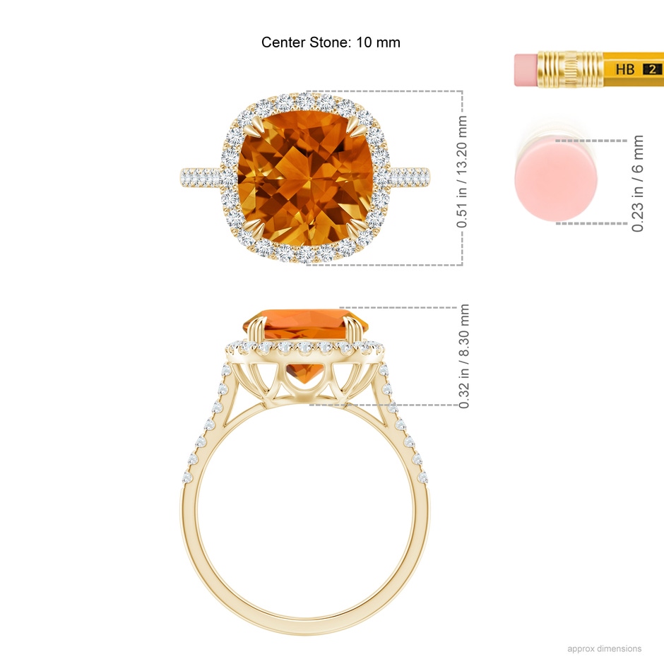 10mm AAAA Double Claw-Set Cushion Citrine Ring with Diamond Halo in Yellow Gold ruler