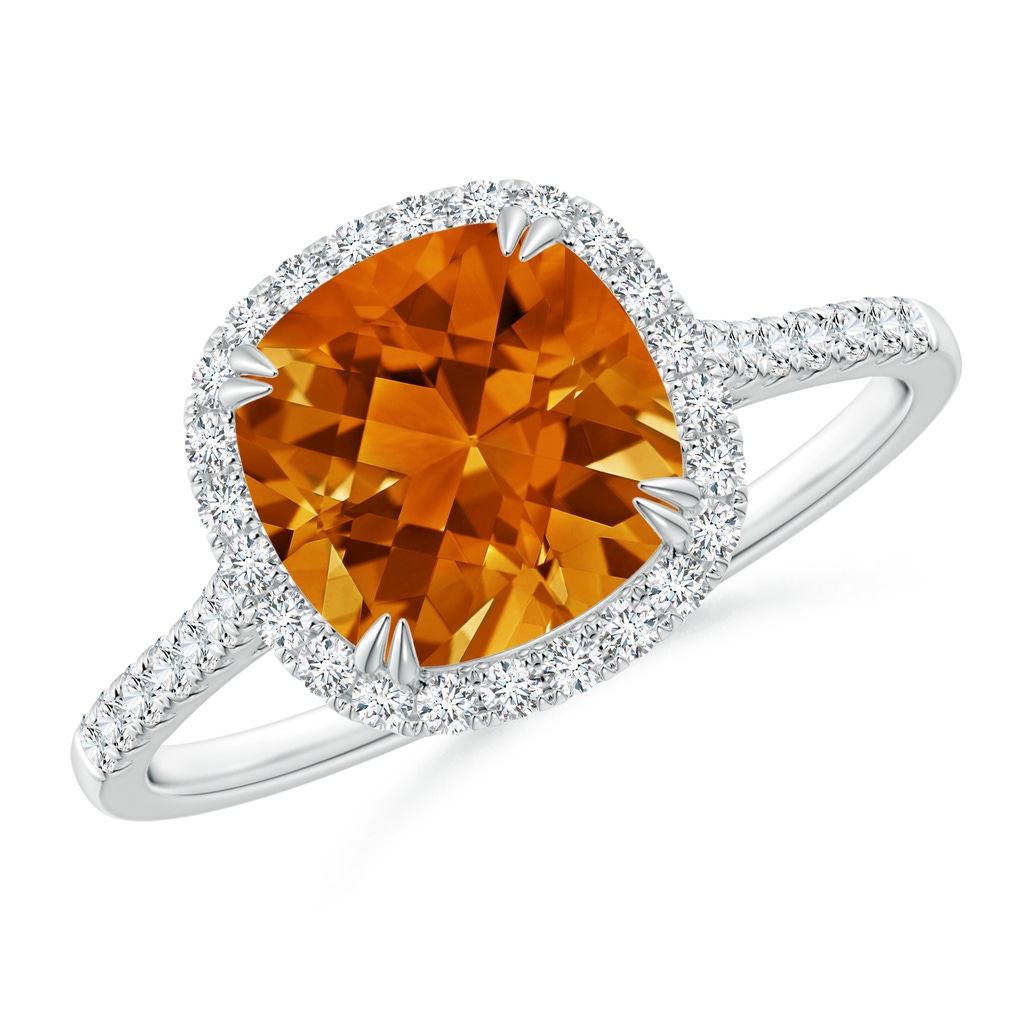 8mm AAAA Double Claw-Set Cushion Citrine Ring with Diamond Halo in White Gold