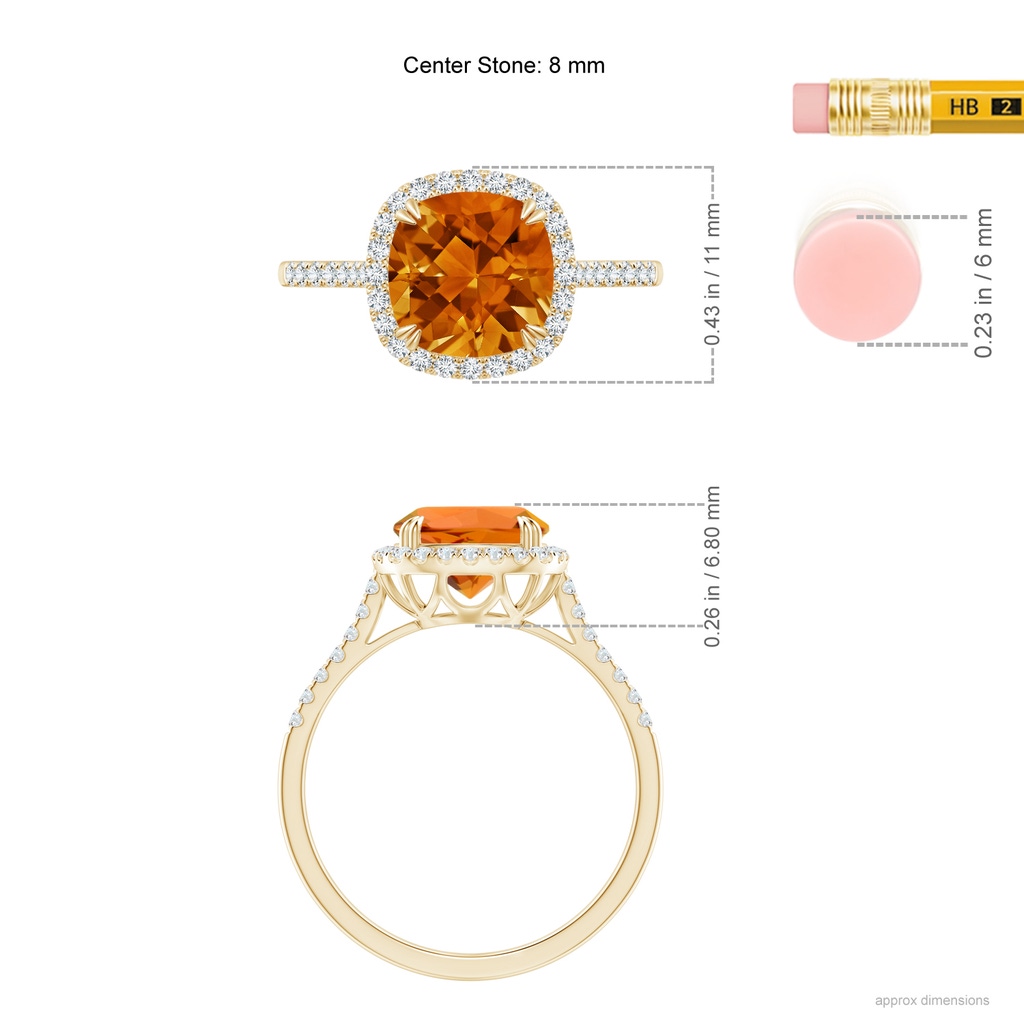8mm AAAA Double Claw-Set Cushion Citrine Ring with Diamond Halo in Yellow Gold Ruler