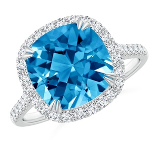 10mm AAAA Double Claw-Set Cushion Swiss Blue Topaz Ring with Diamond Halo in P950 Platinum