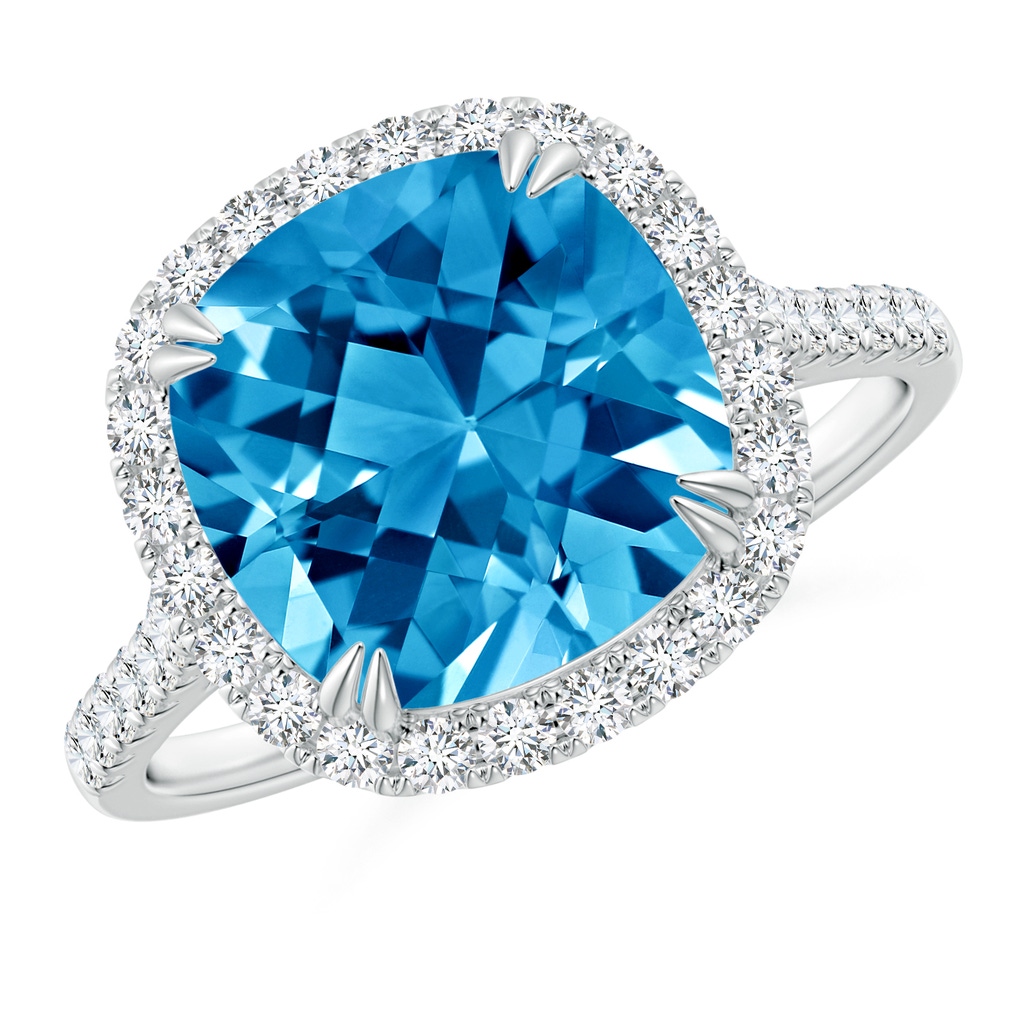10mm AAAA Double Claw-Set Cushion Swiss Blue Topaz Ring with Diamond Halo in White Gold