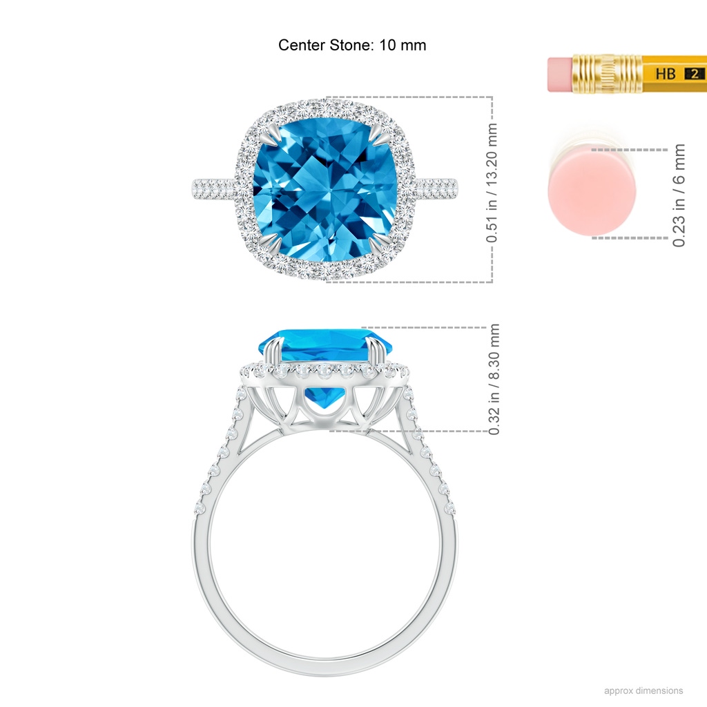 10mm AAAA Double Claw-Set Cushion Swiss Blue Topaz Ring with Diamond Halo in White Gold Ruler