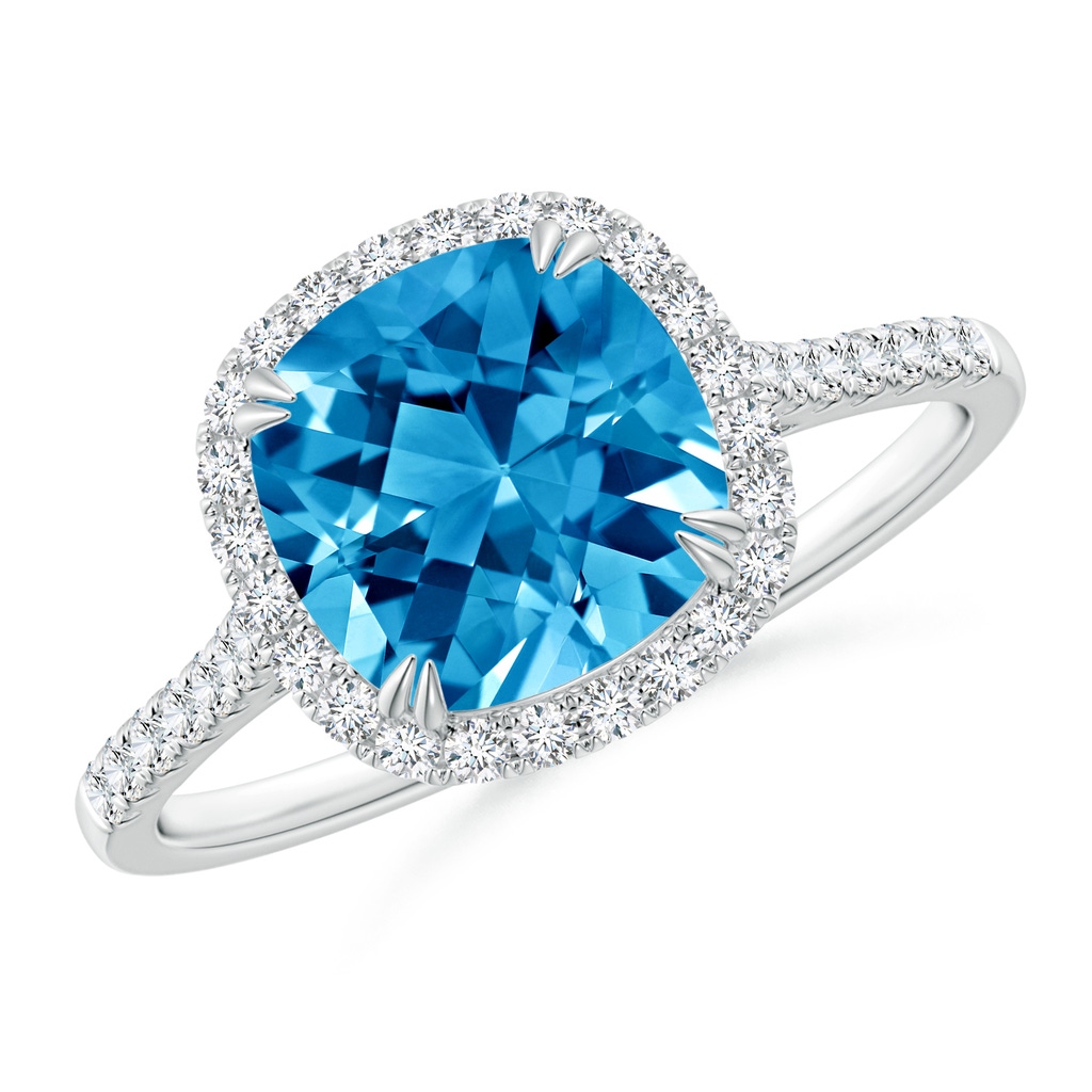 8mm AAAA Double Claw-Set Cushion Swiss Blue Topaz Ring with Diamond Halo in White Gold