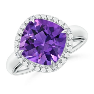 10mm AAAA Cushion Amethyst Compass Ring with Beaded Halo in P950 Platinum