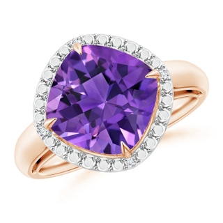 10mm AAAA Cushion Amethyst Compass Ring with Beaded Halo in Rose Gold