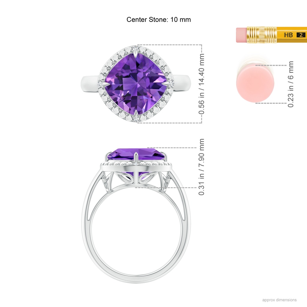 10mm AAAA Cushion Amethyst Compass Ring with Beaded Halo in White Gold Ruler